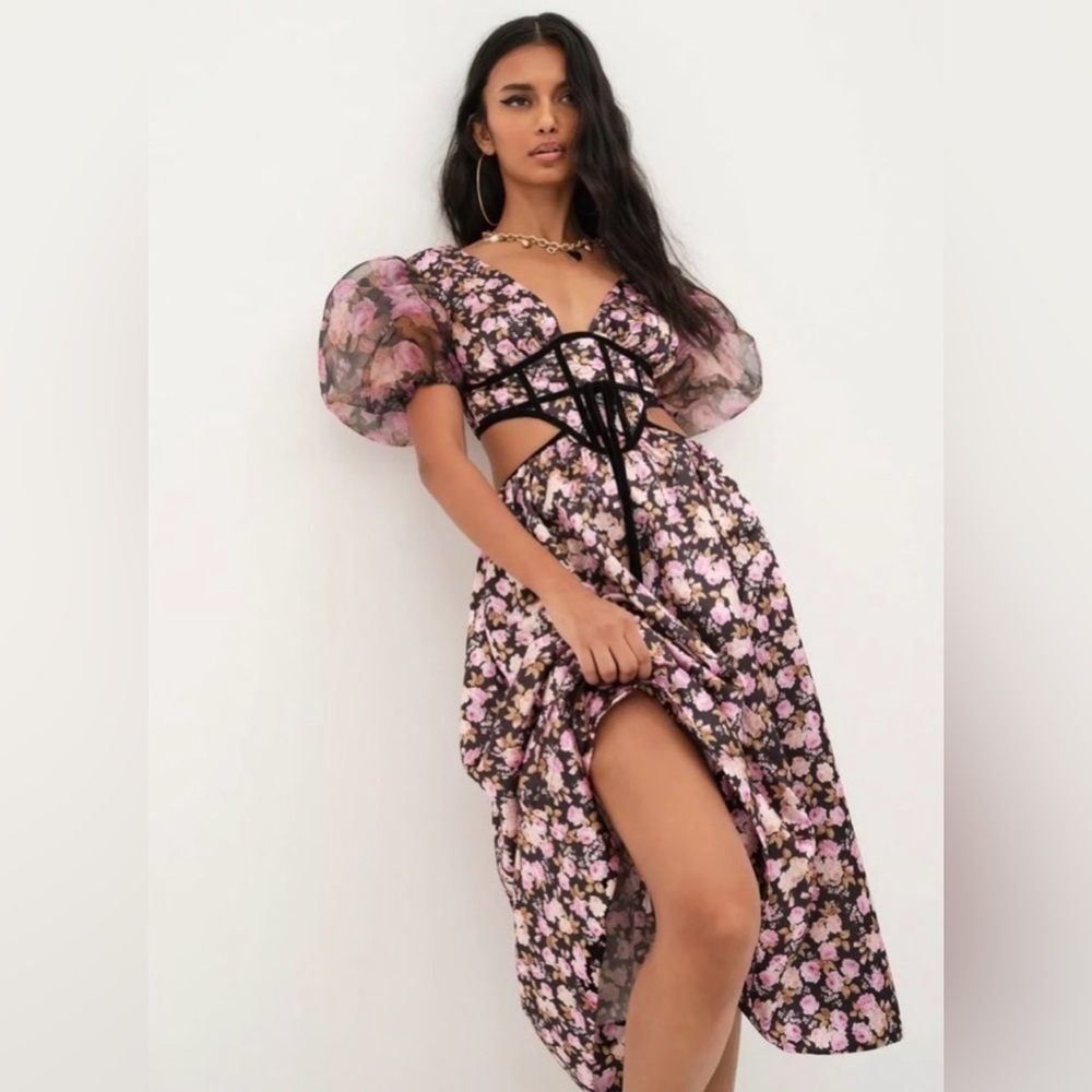 For Love & Lemons Black Floral Dress with Pink and Cream Accents